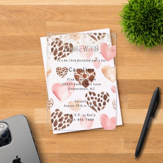 Pink Cream Animal Hearts Gold Sparkle Birthday Acrylic Invitations (Insitu (Invitation Card))