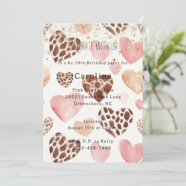 Pink Cream Animal Hearts Gold Sparkle Birthday Invitation (Standing Front)
