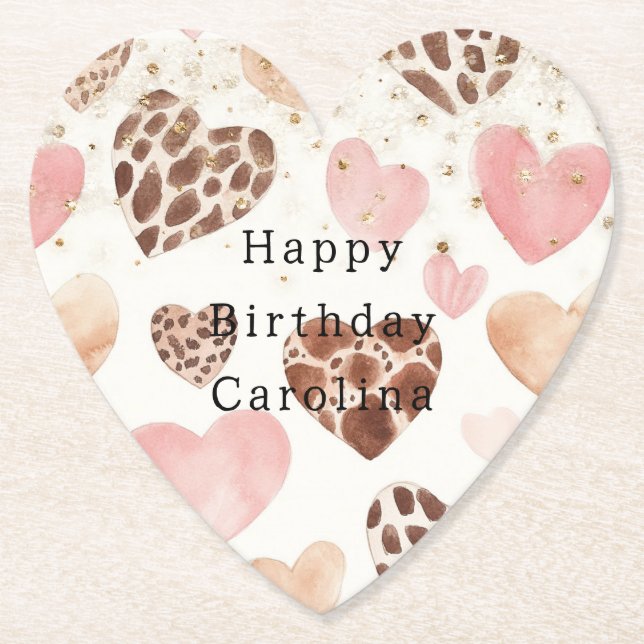 Pink Cream Animal Hearts Gold Sparkle Birthday Paper Coaster (Front)
