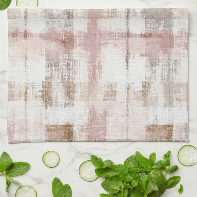 Pink Cream Brown Abstract Stripes Kitchen Towel (Folded)