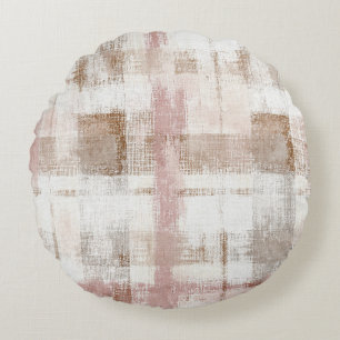 Pink Cream Brown Abstract Stripes Round Pillow