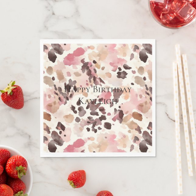 Pink Cream Brown Leopard Birthday Napkin (Insitu)