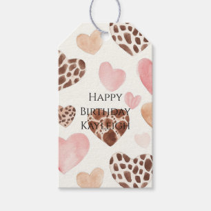 Pink Cream Brown Leopard Hearts Birthday Gift Tags