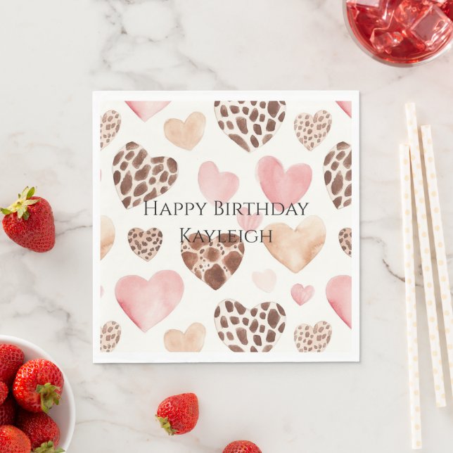 Pink Cream Brown Leopard Hearts Birthday Napkin (Insitu)