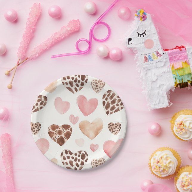 Pink Cream Brown Leopard Hearts Birthday Paper Plate (Party)