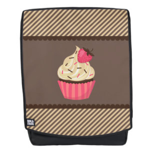 Pink Cream Brown Stripes Strawberry Cupcake Backpack
