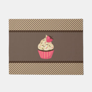 Pink Cream Brown Stripes Strawberry Cupcake Doormat