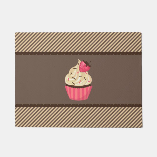 Pink Cream Brown Stripes Strawberry Cupcake Doormat (Front)