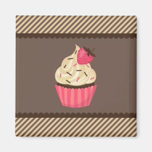 Pink Cream Brown Stripes Strawberry Cupcake Magnet