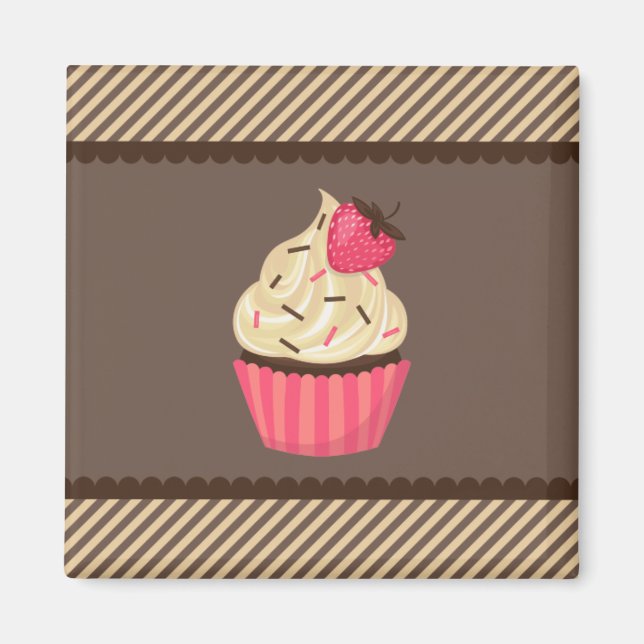 Pink Cream Brown Stripes Strawberry Cupcake Magnet (Front)
