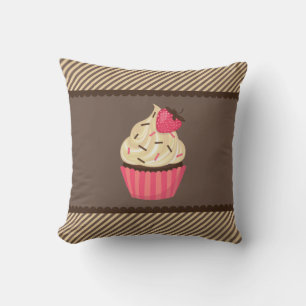 Pink Cream Brown Stripes Strawberry Cupcake Throw Pillow