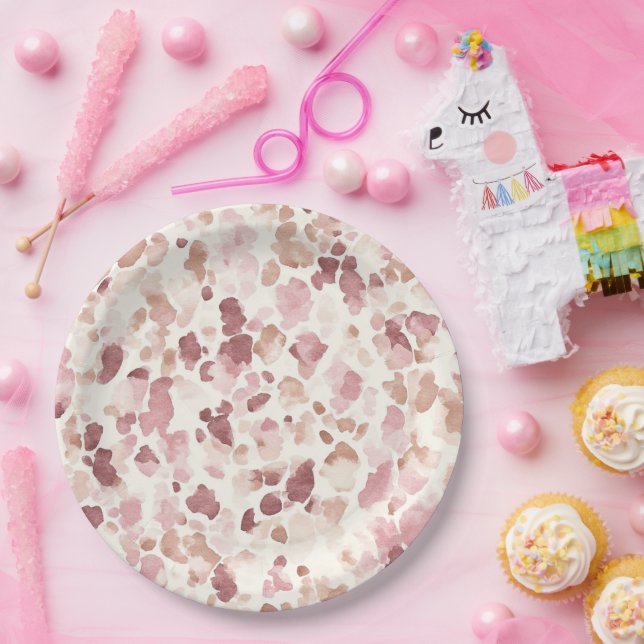 Pink Cream Chocolate Brown Abstract Leopard Animal Paper Plate (Party)