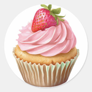 Pink cream cupcake with berries birthday  classic round sticker
