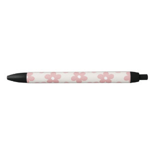 Pink Cream Daisy Flowers Retro Pattern Black Ink Pen