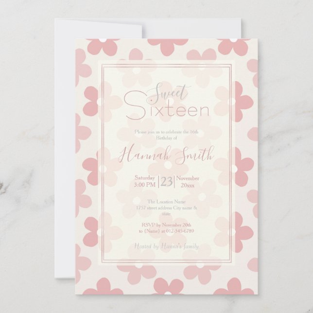 Pink Cream Daisy Flowers Retro Pattern Invitation (Front)
