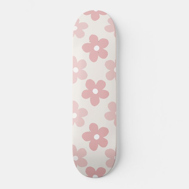 Pink Cream Daisy Flowers Retro Pattern Skateboard (Front)