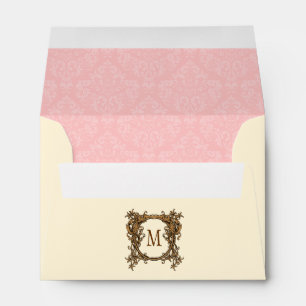 Pink & Cream Floral Crest Damask Monogram Envelope