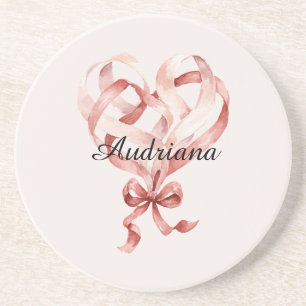 Pink Cream Heart Ribbon Coaster