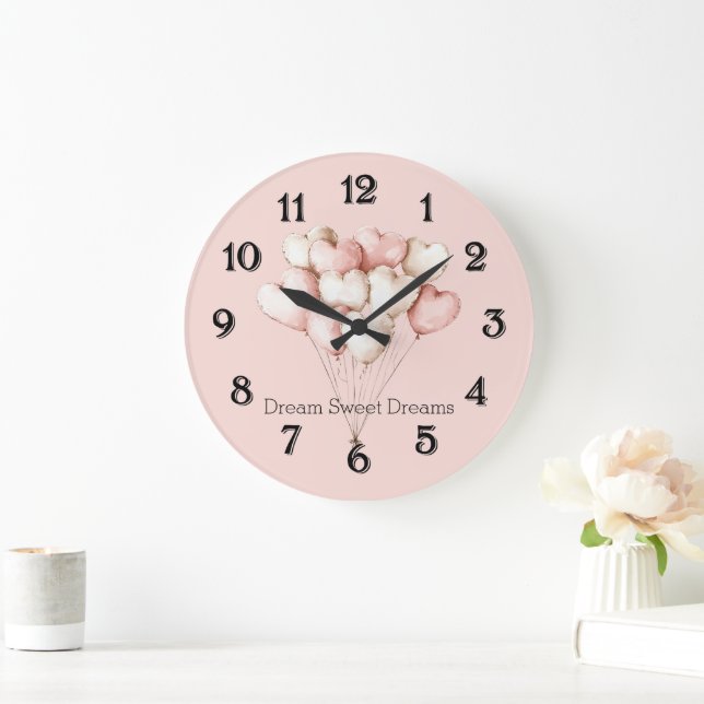 Pink Cream Hearts Balloons   Large Clock (Home)