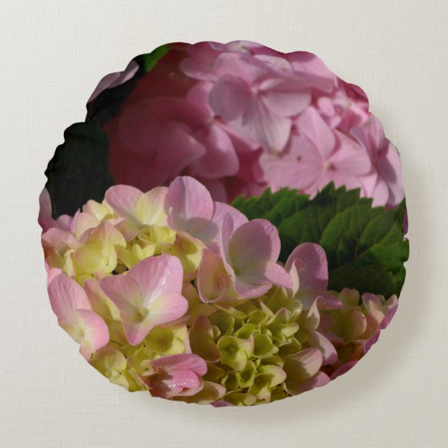Pink Cream Hydrangeas yellow pink green floral  Round Pillow (Front)