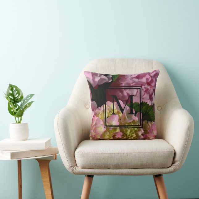 Pink Cream Hydrangeas yellow pink green floral   Throw Pillow (Chair)