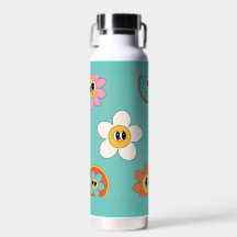 pink cream illustration retro flower water bottle.