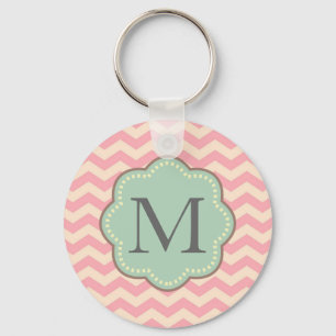 Pink Cream Mint Chevron Stripes Monogram Keychain