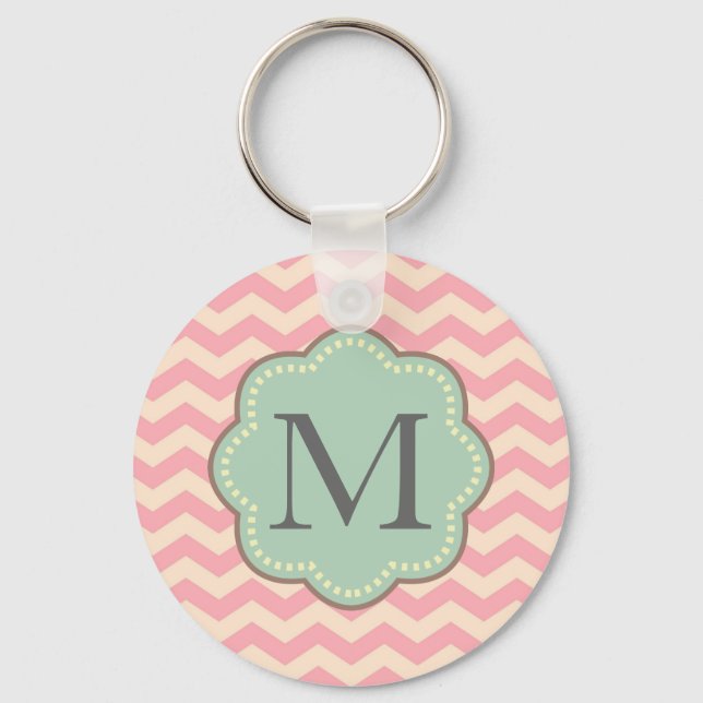 Pink Cream Mint Chevron Stripes Monogram Keychain (Front)