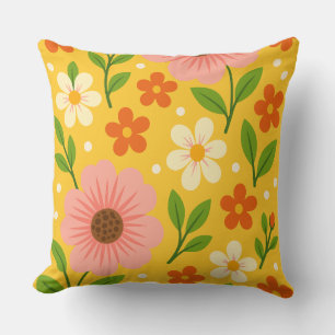 Pink, cream & Orange Flowers with Green Leaves Throw Pillow