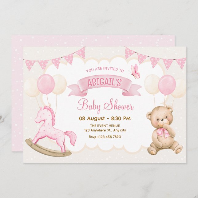 Pink cream pastel baby shower invitation (Front/Back)