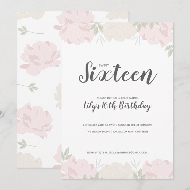 Pink & Cream Peonies Sweet 16 Birthday Party Invitation (Front/Back)
