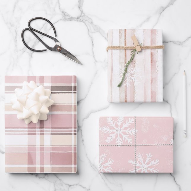 Pink Cream Plaid Stripes Snowflakes Christmas Wrapping Paper Sheet (Front)