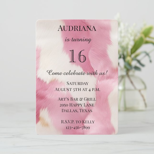 Pink Cream Southwest Cowgirl Cowhide 16th Birthday Invitation (Standing Front)