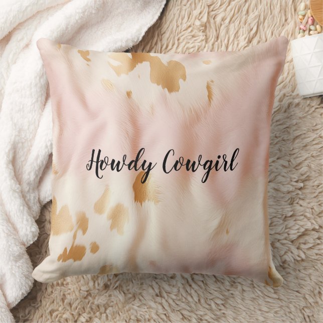 Pink Cream Southwest Cowgirl Cowhide Throw Pillow (Blanket)