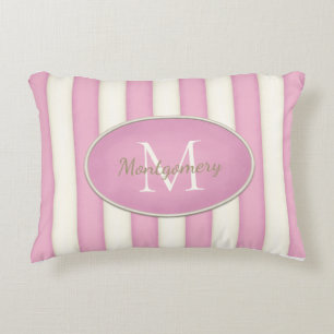 Pink & Cream Stripes Oval Framed Monogram Accent Pillow