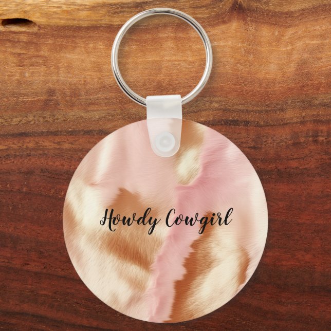 Pink Cream Tan Southwest Cowgirl Cowhide Keychain (Front)