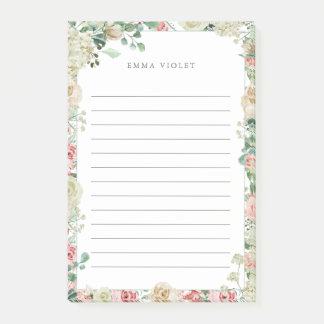 Pink & Cream Vintage Watercolor Floral Name Post-it Notes