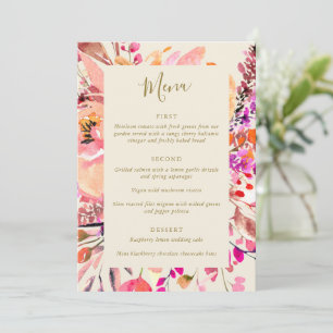 Pink Cream Watercolor Floral Custom Wedding Menu Invitation