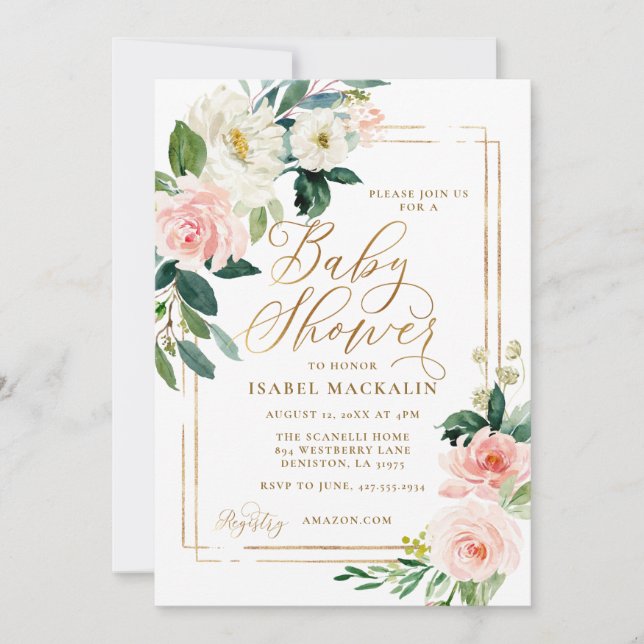 Pink Cream Watercolor Floral Greenery Baby Shower Invitation (Front)