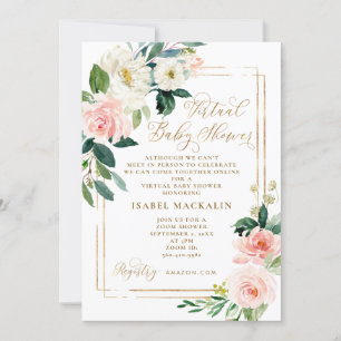 Pink Cream Watercolor Floral Virtual Baby Shower Invitation