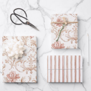 Pink Cream White Floral Stripes Bridal Shower Wrapping Paper Sheet