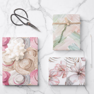 Pink Cream White Straw Hats Flowers Birthday Wrapping Paper Sheet