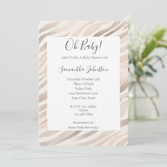 Pink Cream Zebra Animal Print Baby Shower Invitation (Standing Front)