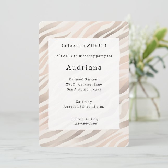 Pink Cream Zebra Animal Print Birthday Invitation (Standing Front)