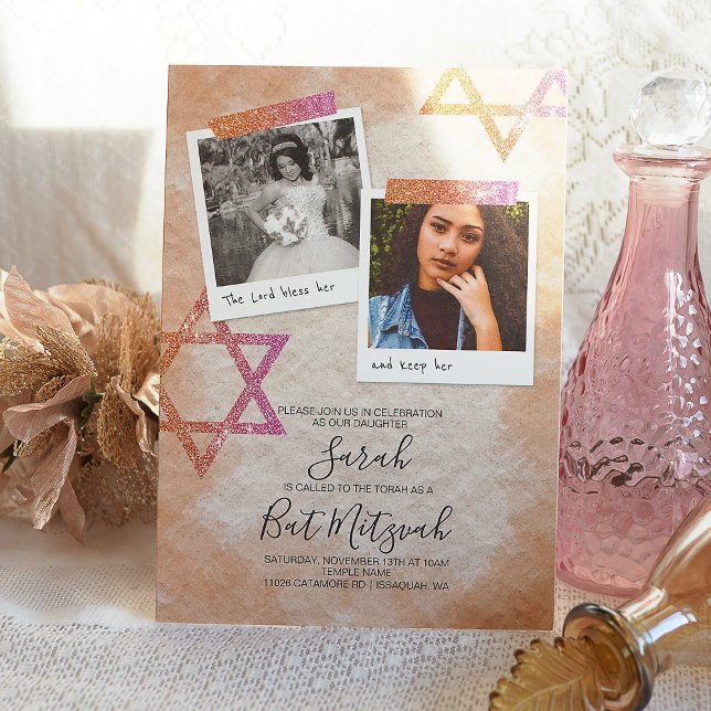 Pink, Creamsicle Orange Bat Mitzvah Sparkle Stars Invitation (Rose gold, glitter, star of david bat mitzvah invitation templates for pink sparkles bat mitzvah)
