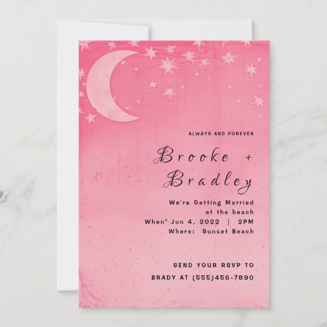 Pink Crescent Moon Dreamy Celestial Wedding Invitation (Front)