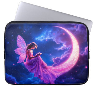 Pink crescent moon fairy tale starry sky art laptop sleeve