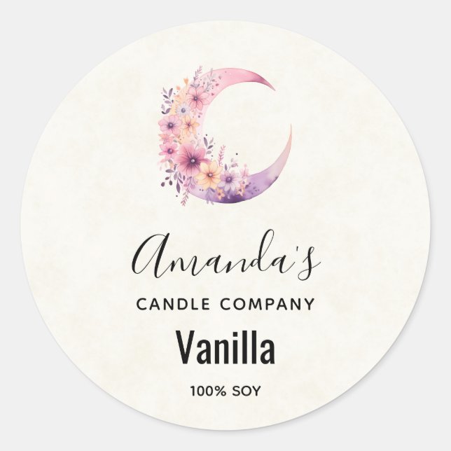 Pink Crescent Moon with Flowers Candle Business Classic Round Sticker (Front)