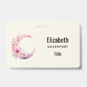 Pink Crescent Moon with Pretty Flowers Badge