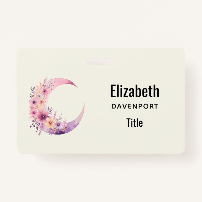Pink Crescent Moon with Pretty Flowers Badge (Front)